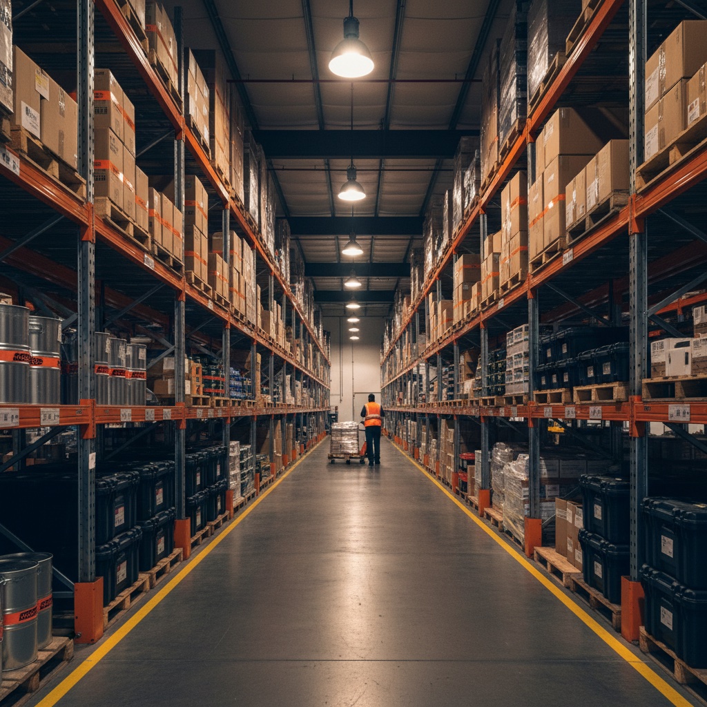 Pasillo del almacén Maraga con racks industriales y producto en stock