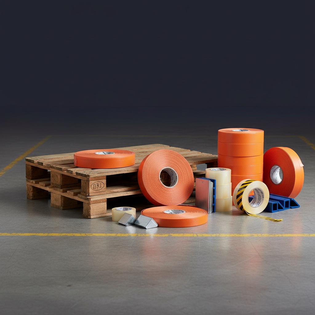 Pallet con flejes, esquineros, cintas y accesorios de embalaje industrial